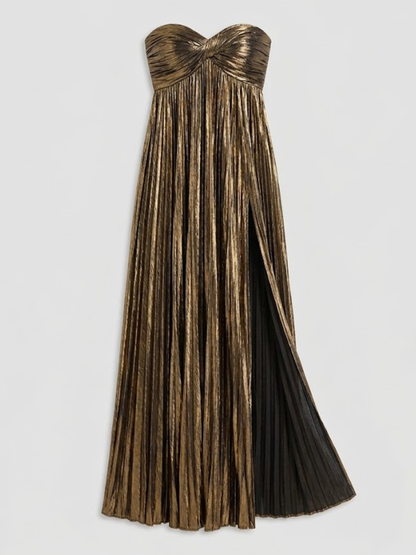 Vestido largo mujer sin tirantes cuerpo retorcido abertura alta plisado