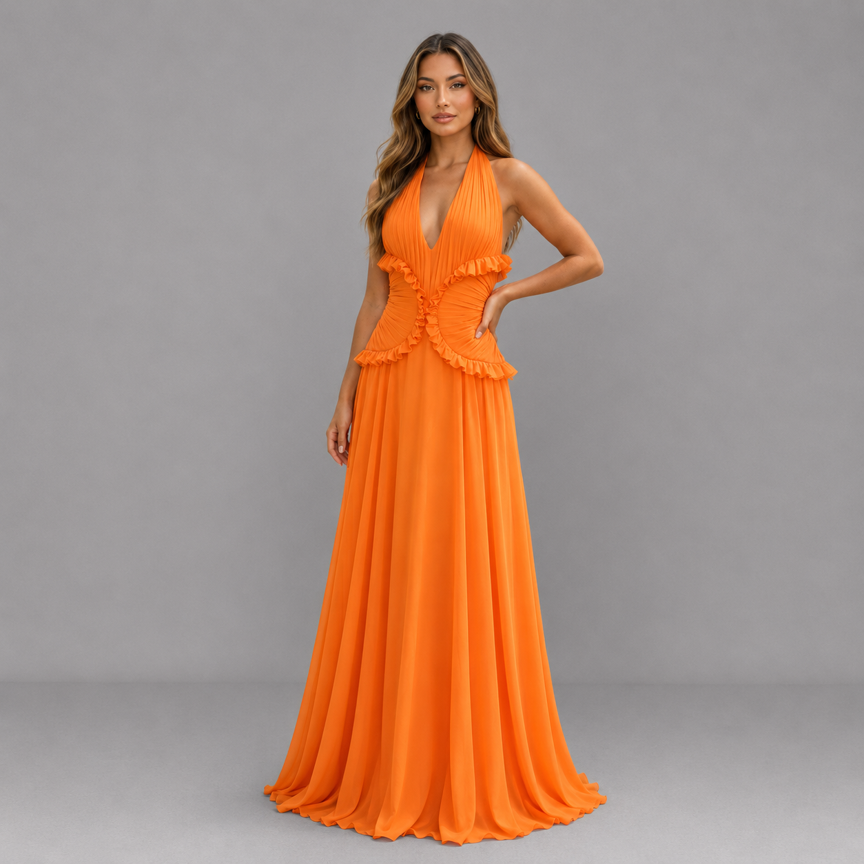 Vestido largo naranja con volantes para mujer