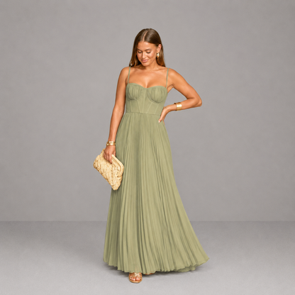 Vestido largo de mujer verde plisado