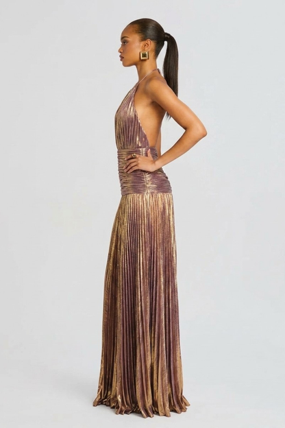 Vestido largo mujer cuello halter plisado con abertura espalda descubierta