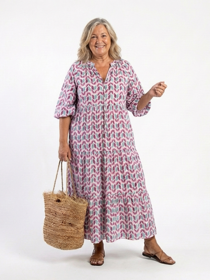 Mireya | Vestido midi de capas con estampado geométrico y manga larga
