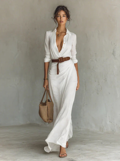 Siena | Vestido largo con cuello de solapa y mangas largas para mujer
