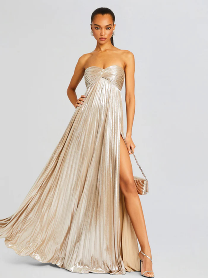 Vestido largo mujer sin tirantes cuerpo retorcido abertura alta plisado