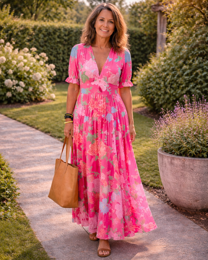 Ione | Vestido midi floral con escote en V y manga corta
