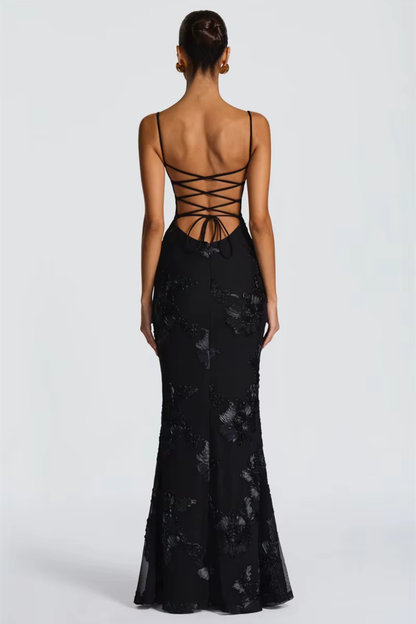 Vestido largo mujer bustier espalda descubierta con lazada bordados florales tubo