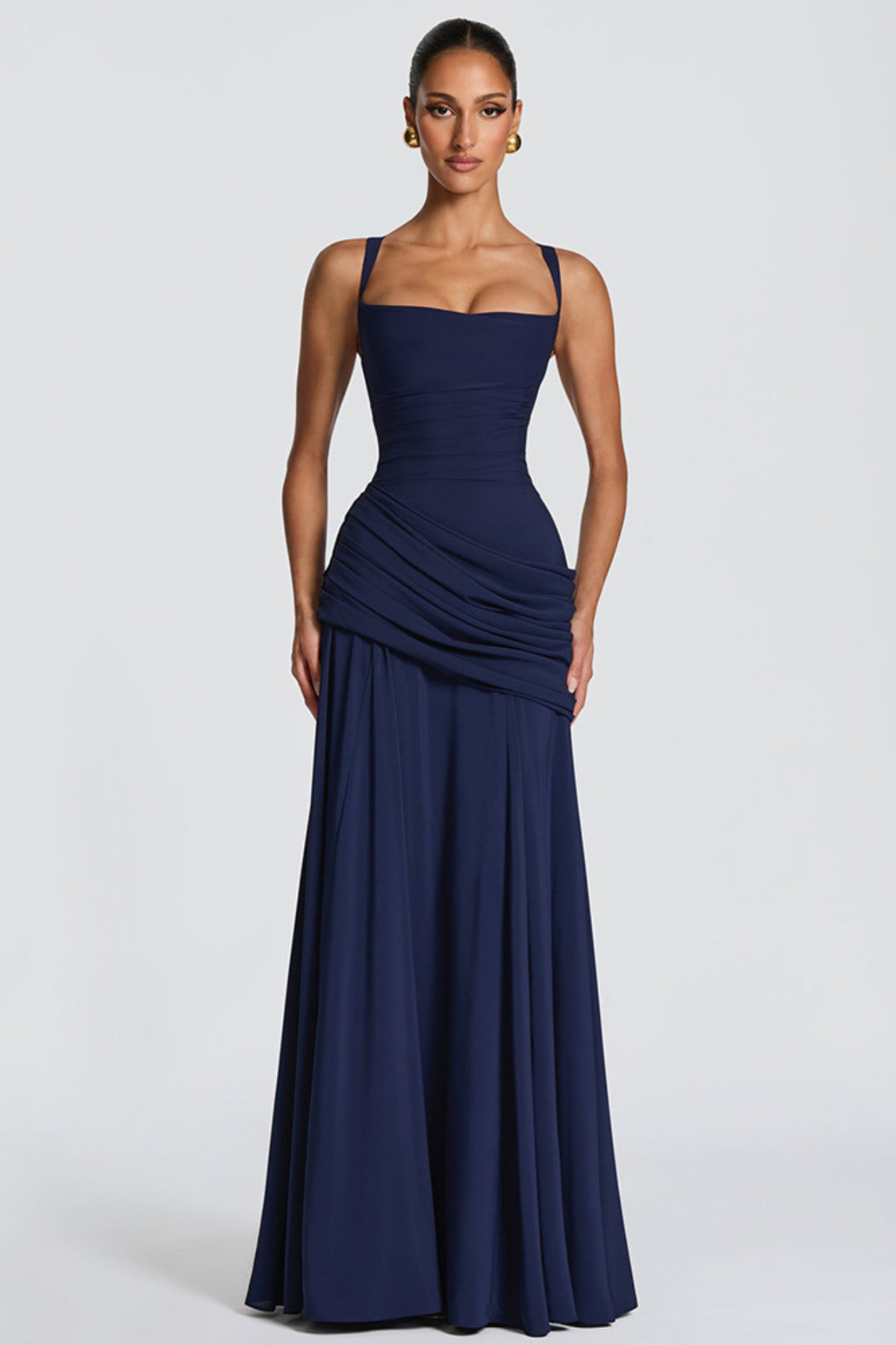 Vestido largo mujer cuello cuadrado cintura drapeada tirantes finos espalda cruzada
