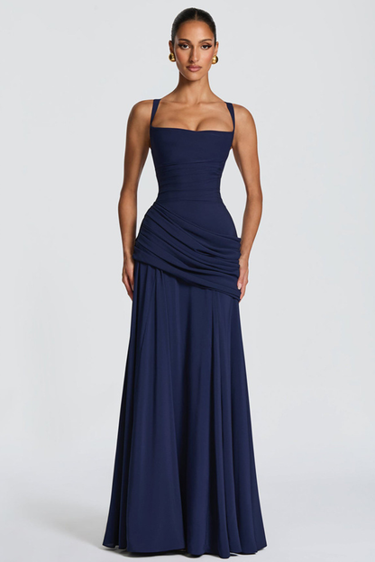 Vestido largo mujer cuello cuadrado cintura drapeada tirantes finos espalda cruzada