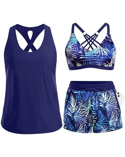 Conjunto de playa con top sin mangas cruzado y pantalón estampado con cordón ajustable.