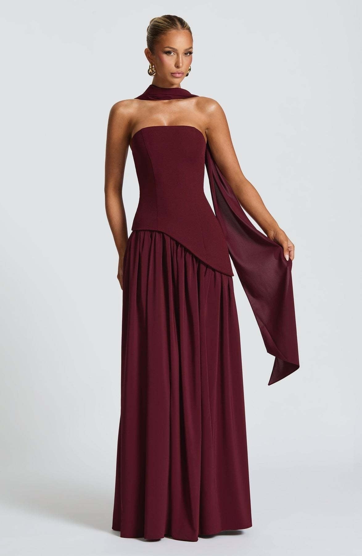 Vestido largo mujer palabra de honor abertura alta cintura asimétrica