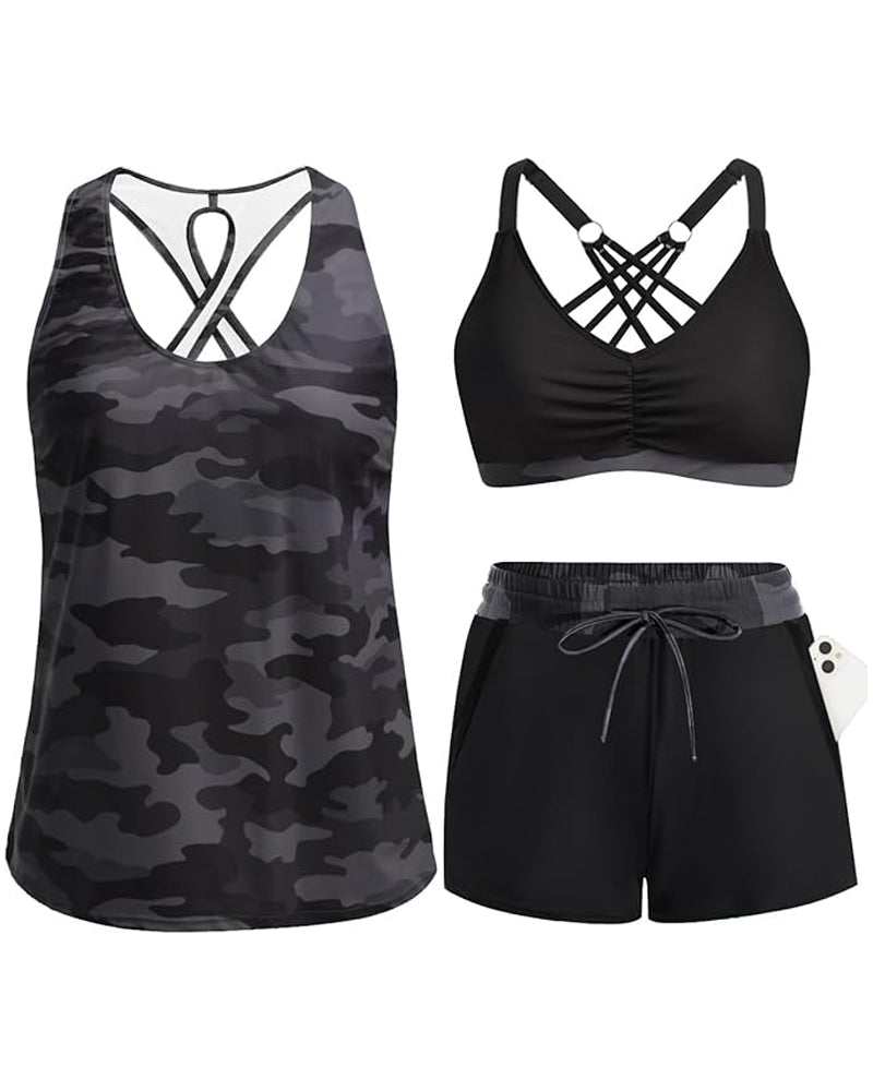 Conjunto de playa con top sin mangas cruzado y pantalón estampado con cordón ajustable.