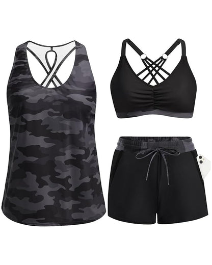 Conjunto de playa con top sin mangas cruzado y pantalón estampado con cordón ajustable.