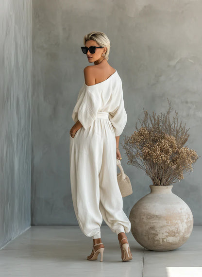 Martina | Conjunto de top con hombros descubiertos y pantalones ajustados
