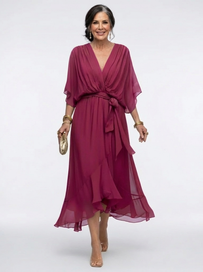 Elisa | Vestido midi con escote en V y cintura drapeada