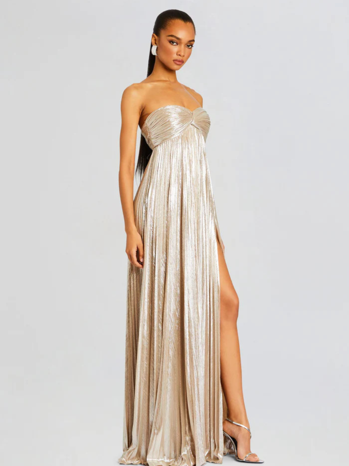 Vestido largo mujer sin tirantes cuerpo retorcido abertura alta plisado