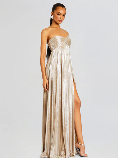 Vestido largo mujer sin tirantes cuerpo retorcido abertura alta plisado