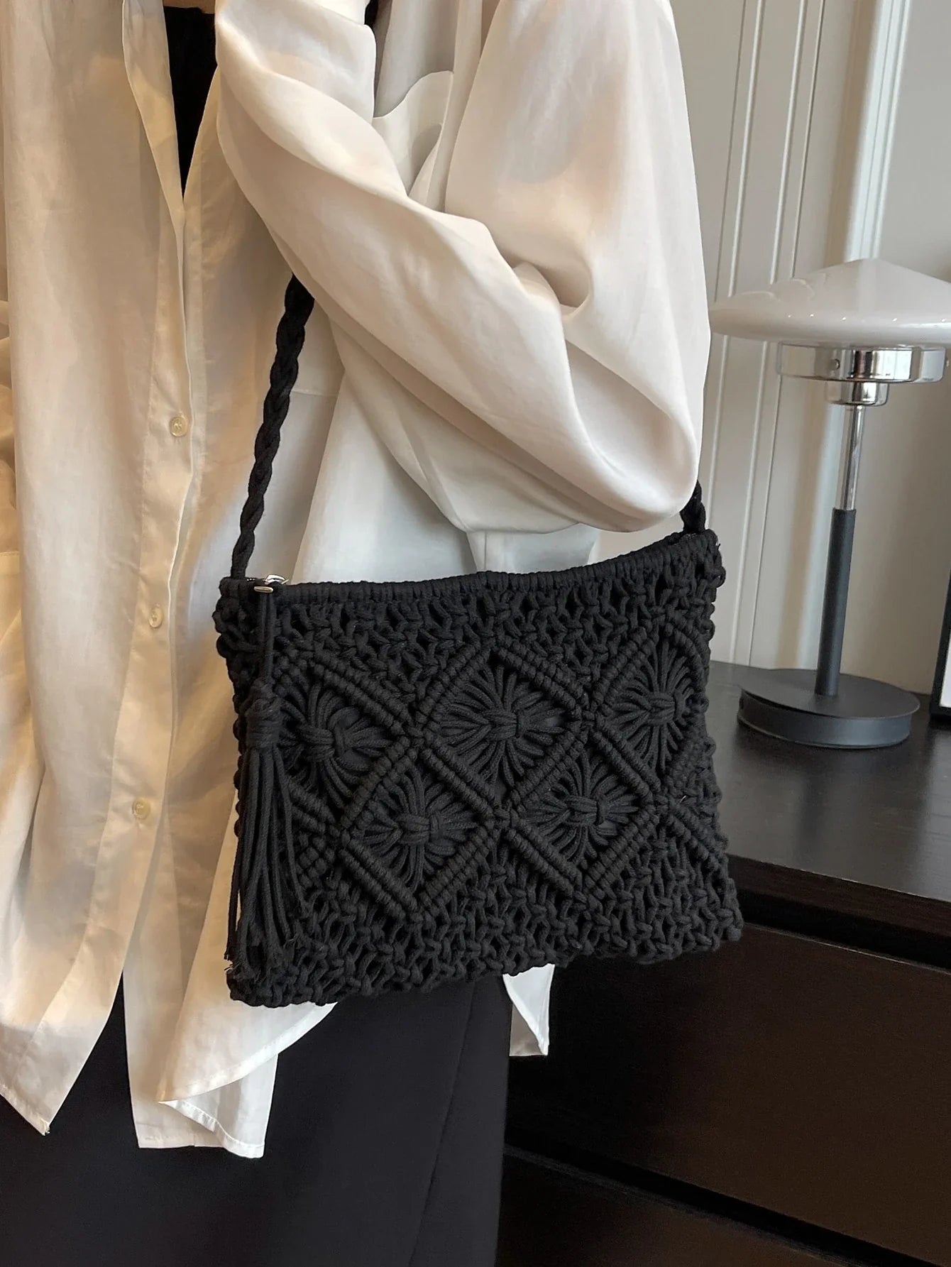 Bolso Artesanal Trenzado Negro | Estilo Boho Elegante