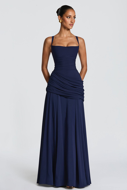 Vestido largo mujer cuello cuadrado cintura drapeada tirantes finos espalda cruzada