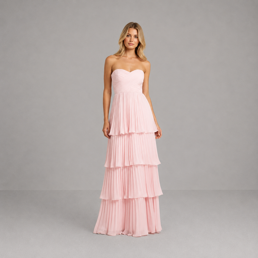 Vestido largo para mujer rosa sin tirantes con diseño en tres capas