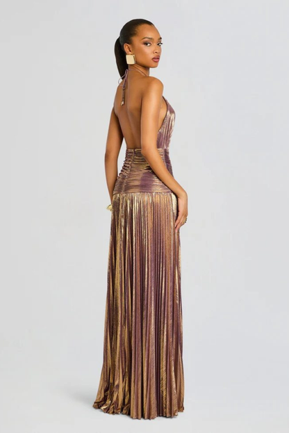Vestido largo mujer cuello halter plisado con abertura espalda descubierta