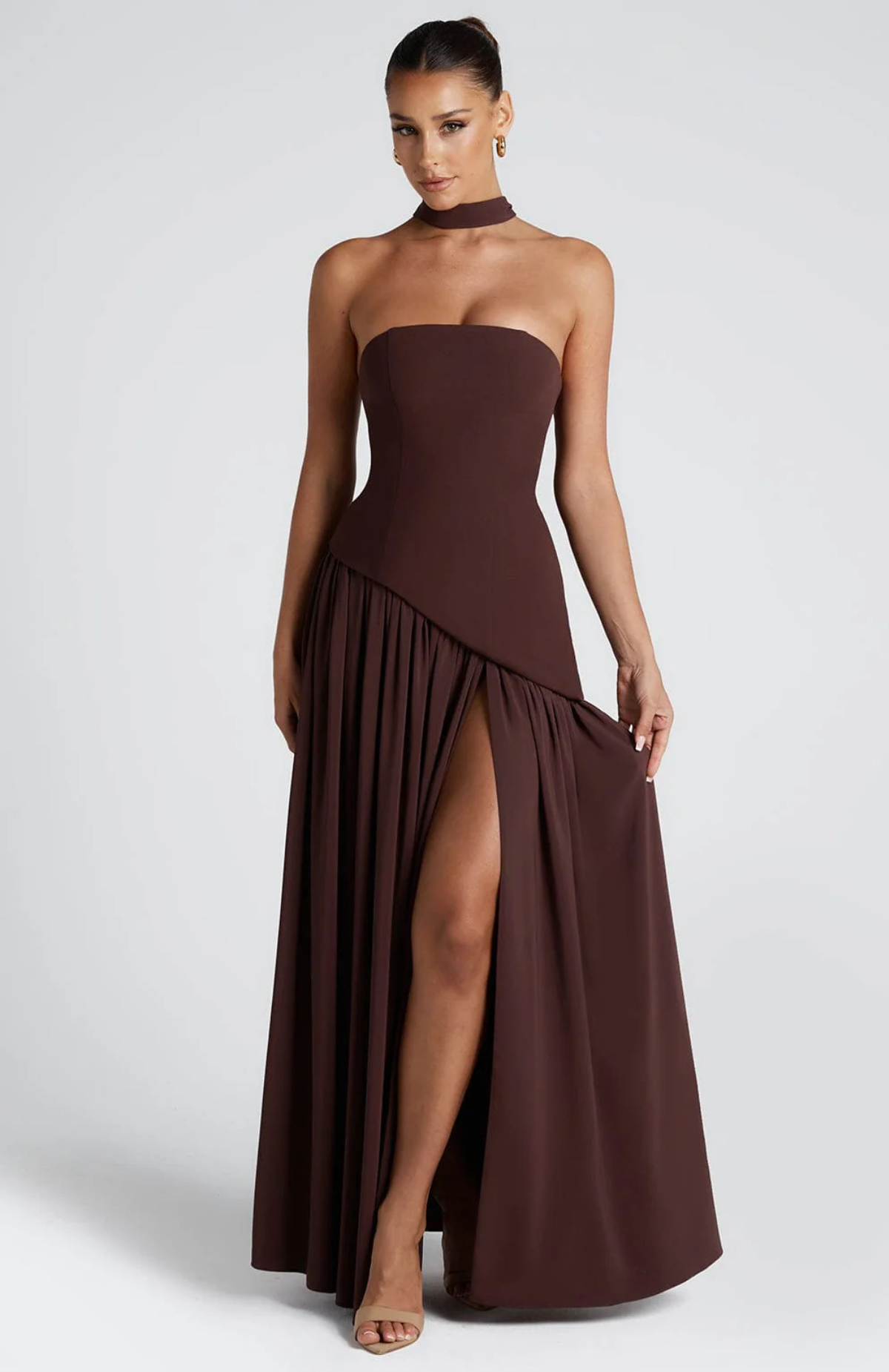 Vestido largo mujer sin tirantes cuello pañuelo espalda corsé abertura alta