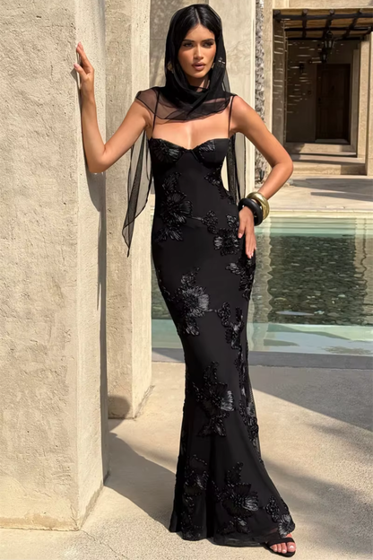 Vestido largo mujer bustier espalda descubierta con lazada bordados florales tubo