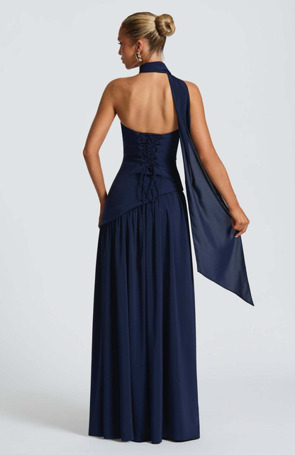 Vestido largo mujer sin tirantes cuello pañuelo espalda corsé abertura alta
