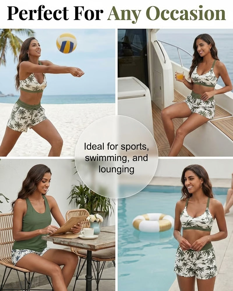 Conjunto de playa con top sin mangas cruzado y pantalón estampado con cordón ajustable.