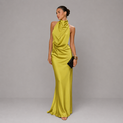 Vestido largo para mujer amarillo limón con cuello drapeado