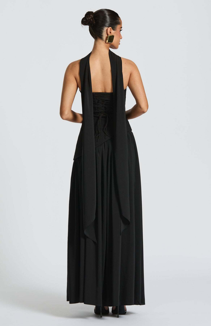 Vestido largo mujer sin tirantes cuello pañuelo espalda corsé abertura alta