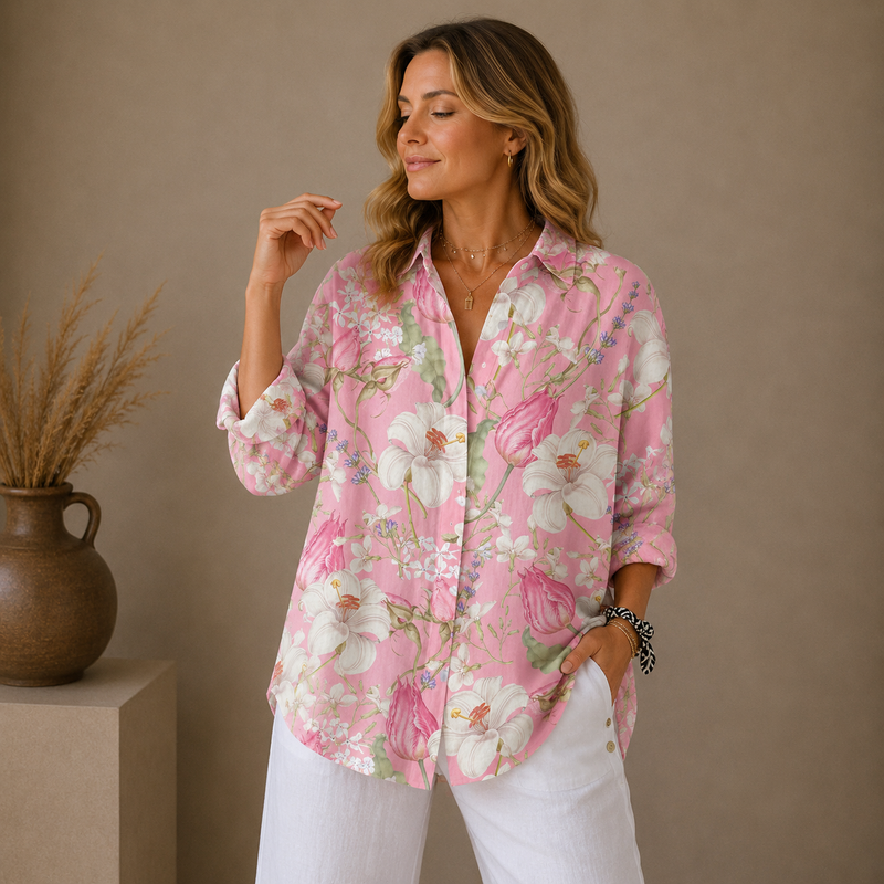 VALENTINA – Blusa casual con botones, escote en V y mangas largas para mujer