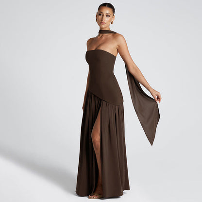 Vestido largo mujer palabra de honor abertura alta cintura asimétrica