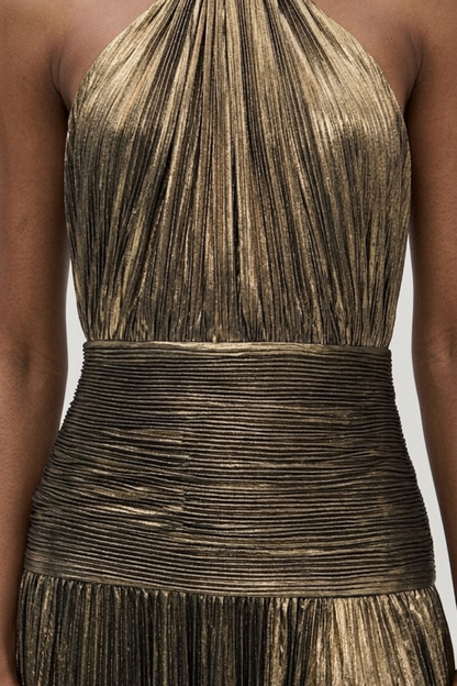 Vestido largo mujer cuello halter plisado con abertura espalda descubierta
