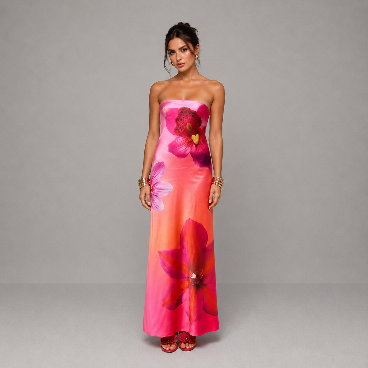 Vestido largo para mujer con motivos florales y escote sin tirantes