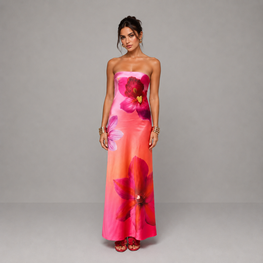 Vestido largo para mujer con motivos florales y escote sin tirantes