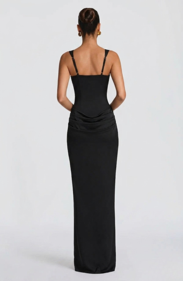Vestido largo mujer bustier estructurado escote cuadrado drapeado