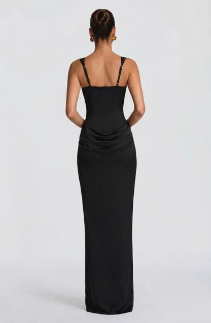 Vestido largo mujer bustier estructurado escote cuadrado drapeado