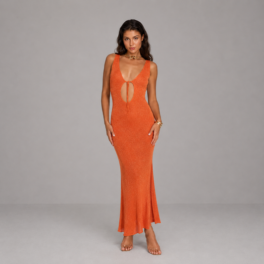 Vestido largo para mujer con aberturas y tirantes naranjas