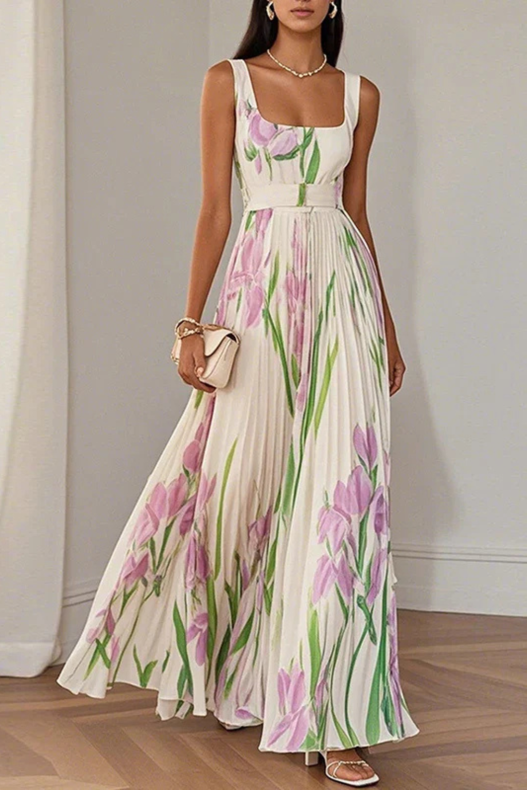 Vestido largo mujer multicolor escote cuadrado plisado floral sin mangas