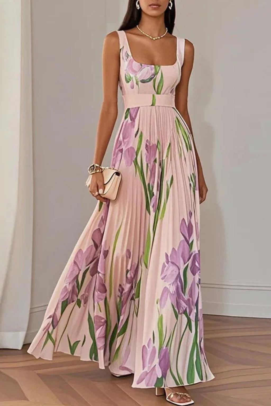 Vestido largo mujer multicolor escote cuadrado plisado floral sin mangas