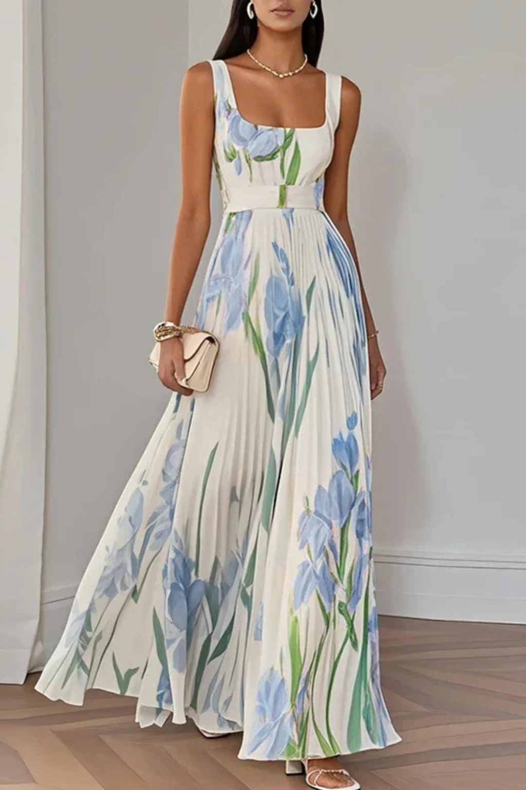 Vestido largo mujer multicolor escote cuadrado plisado floral sin mangas