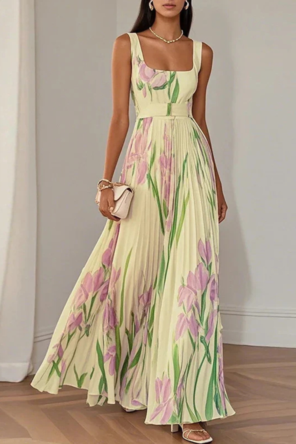 Vestido largo mujer multicolor escote cuadrado plisado floral sin mangas