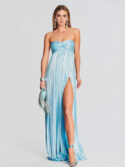 Vestido largo mujer sin tirantes cuerpo retorcido abertura alta plisado