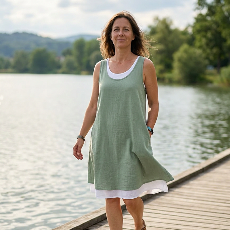 Vestido veraniego sin tirantes con efecto superpuesto