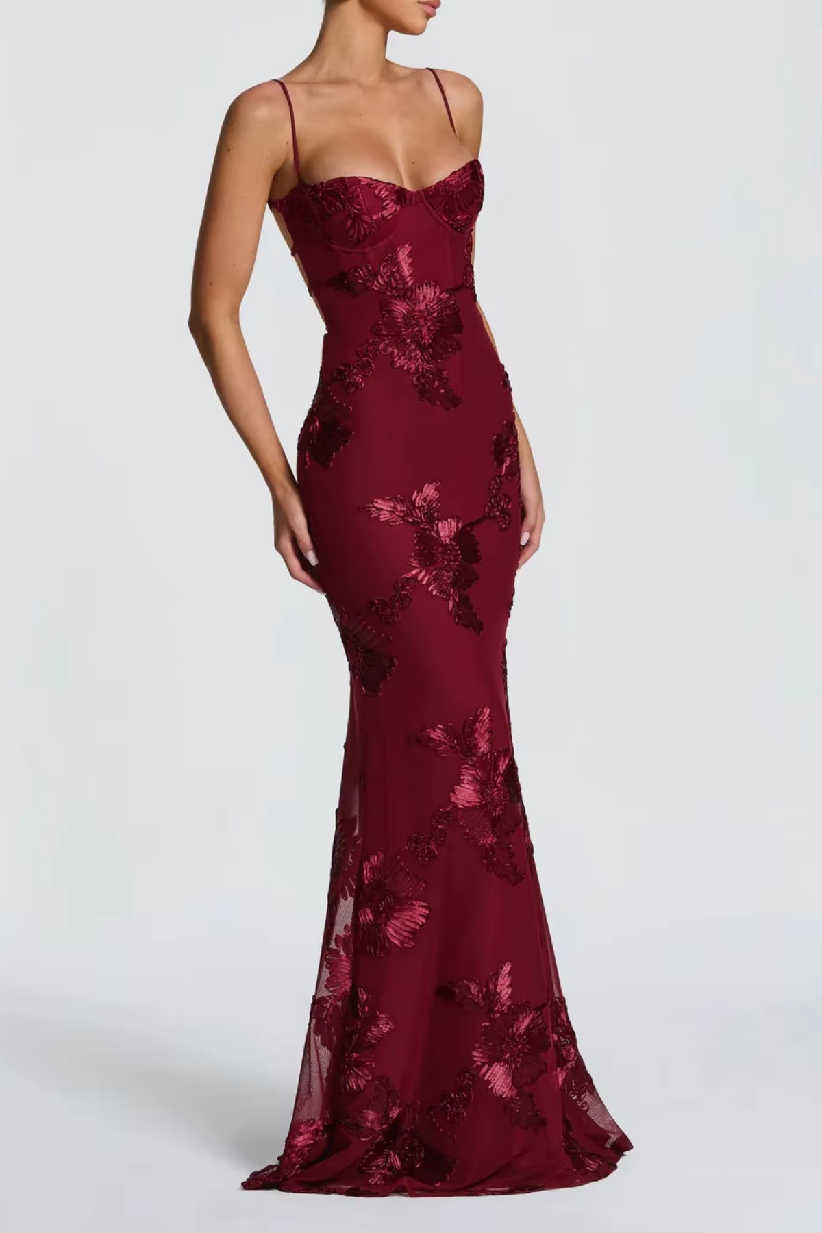 Vestido largo mujer bustier espalda descubierta con lazada bordados florales tubo