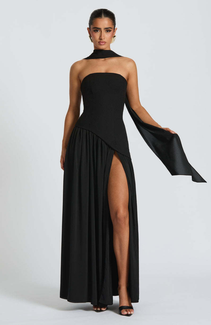Vestido largo mujer sin tirantes cuello pañuelo espalda corsé abertura alta