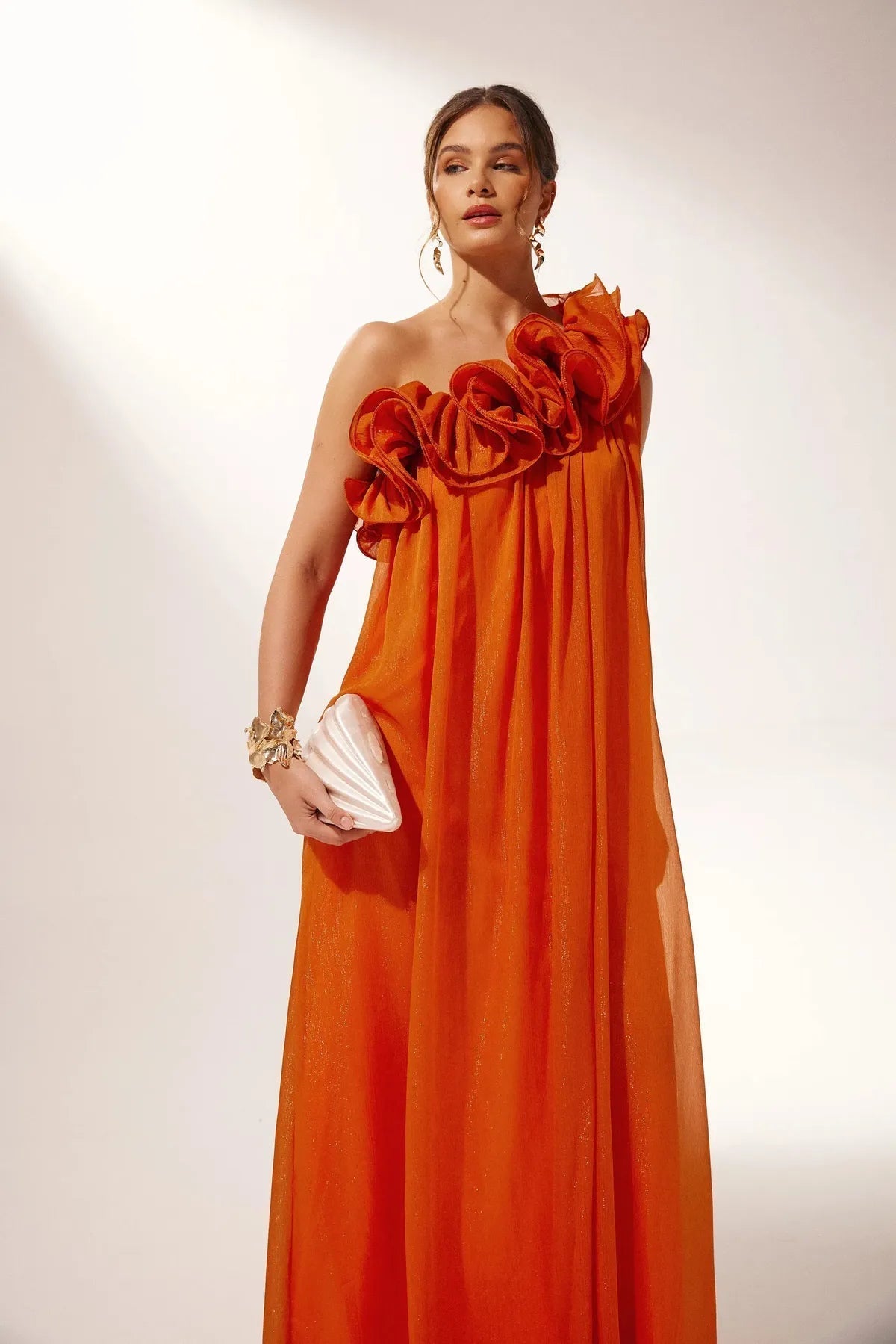Vestido largo mujer naranja mono-Hombro volantes estructurados
