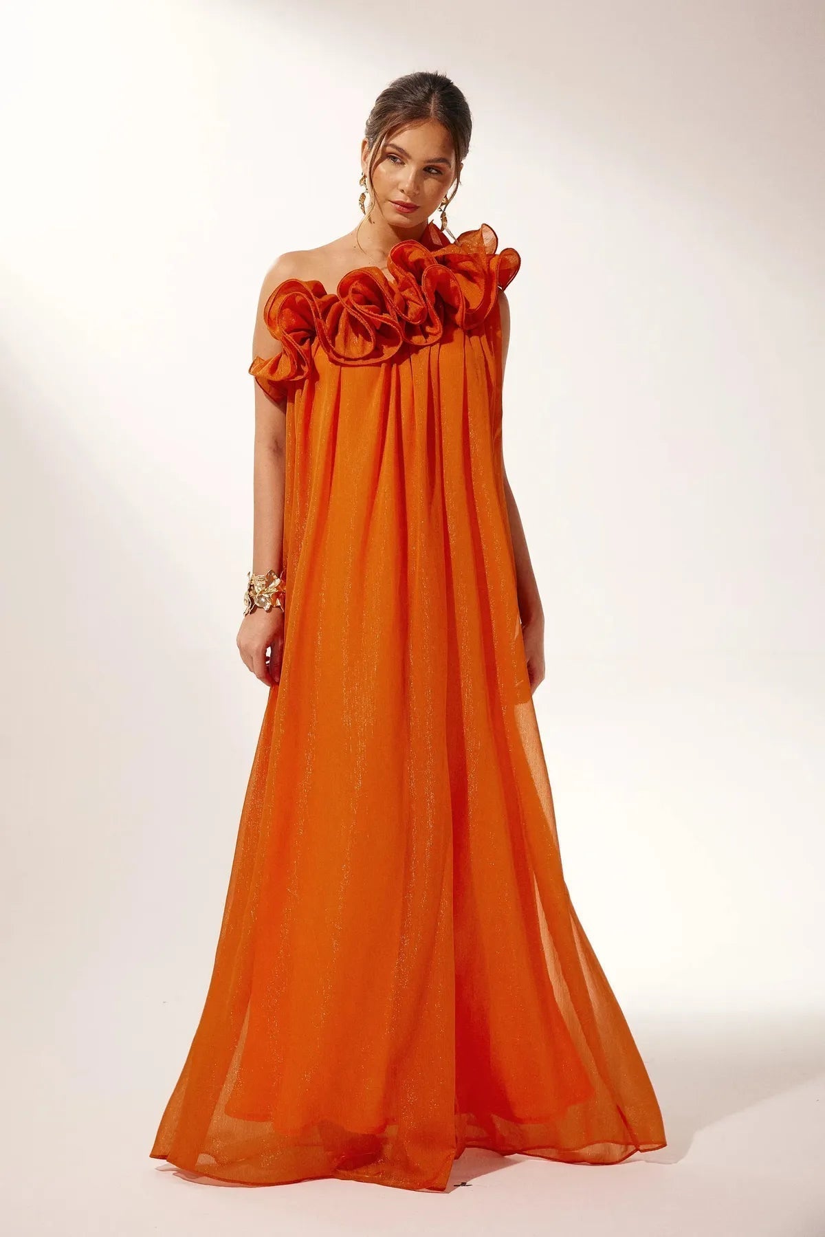 Vestido largo mujer naranja mono-Hombro volantes estructurados