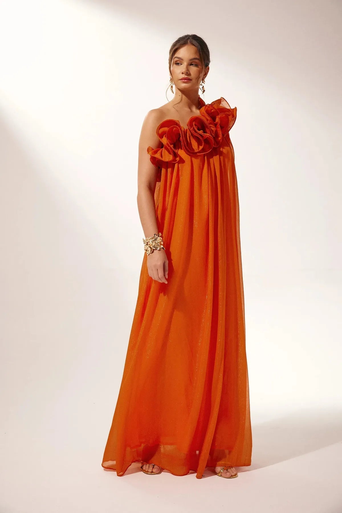 Vestido largo mujer naranja mono-Hombro volantes estructurados