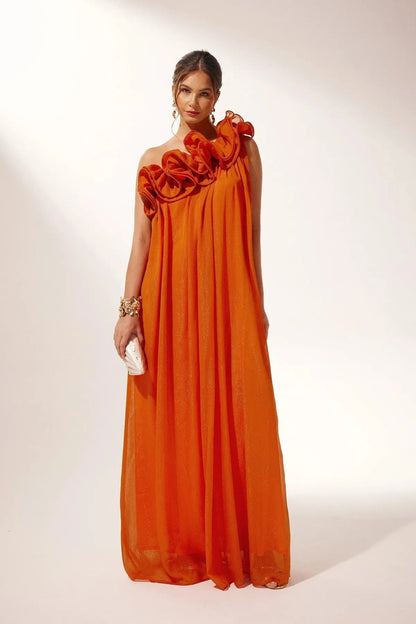 Vestido largo mujer naranja mono-Hombro volantes estructurados