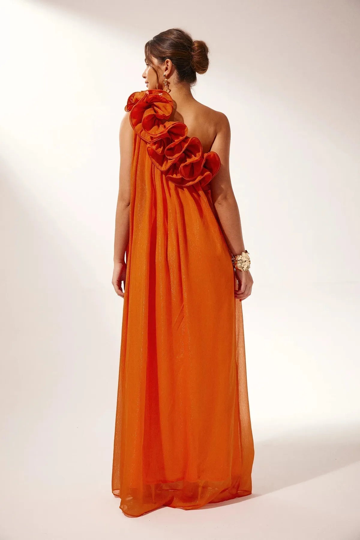 Vestido largo mujer naranja mono-Hombro volantes estructurados